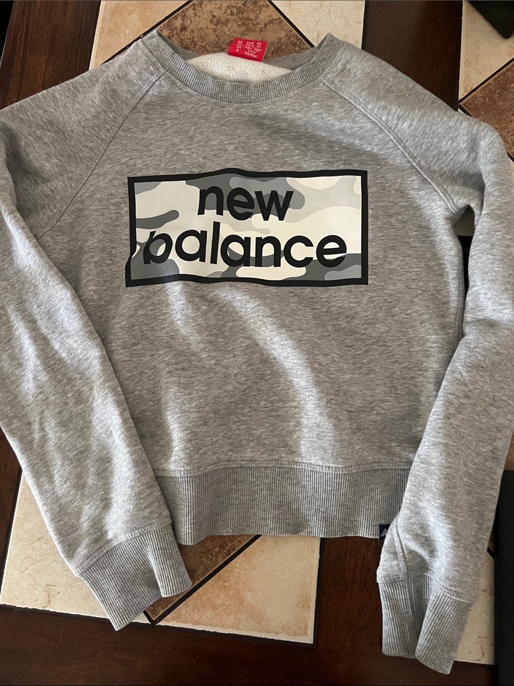 New Balance Gray Crewneck Sweatshirt with Camo Logo Panel